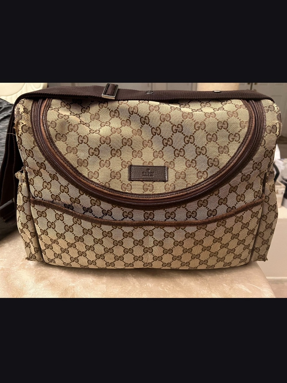 Gucci Beige and Brown Monogram Baby Messenger Bag with Adjustable Strap